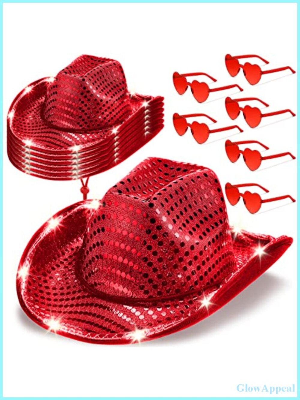 LED Cowboy Hat with Sunglasses Set, 6 Pack Light Up Glitter Hats for Party